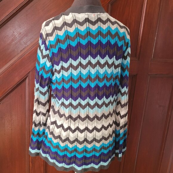Chevron Pattern Cardigan Sweater 1x By Cotton Emporium Acrylic Knit Blue/Gray - Picture 6 of 6